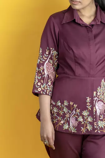 Wine modal silk embellished shirt parsi gara work pants co-ord set