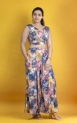 Multicolor cotton linen fabric digital printed sleeveless crop top co ord set 1
