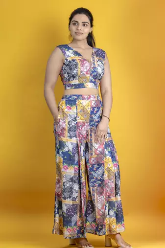 Multicolor cotton linen fabric digital printed sleeveless crop top co ord set