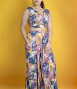 Multicolor cotton linen fabric digital printed sleeveless crop top co ord set