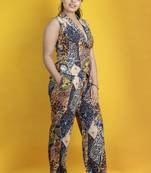 Digital printed co ord set with waistcoat and pants on linen cotton