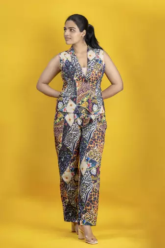 Digital printed co ord set with waistcoat and pants on linen cotton