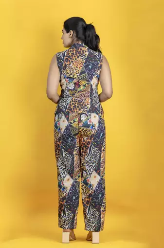 Digital printed co ord set with waistcoat and pants on linen cotton