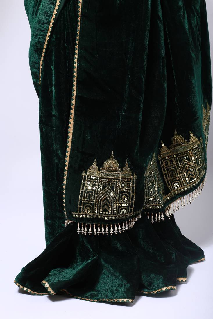 Green velvet saree for women