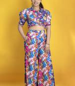 Digital printed linen cotton crop top co ord set