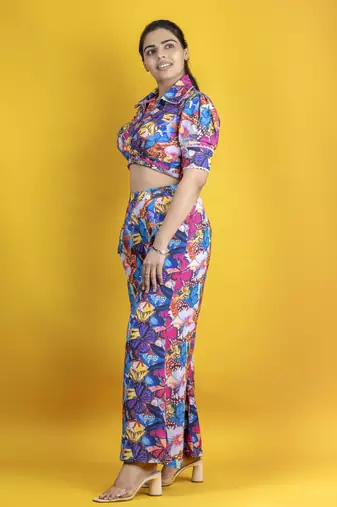 Digital printed linen cotton crop top co ord set