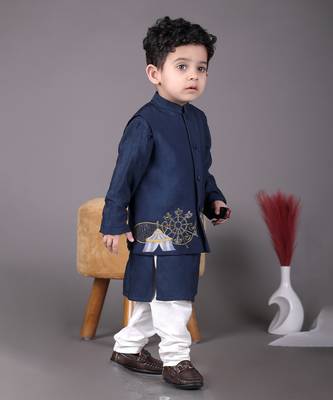 Blue kurta with carnival hand embroidery bandhgala and pajama set 3