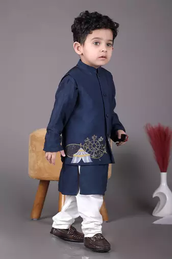 Blue kurta with carnival hand embroidery bandhgala and pajama set