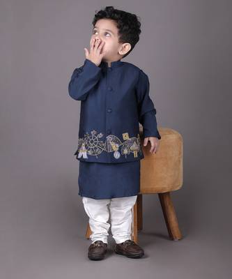 Blue kurta with carnival hand embroidery bandhgala and pajama set 4
