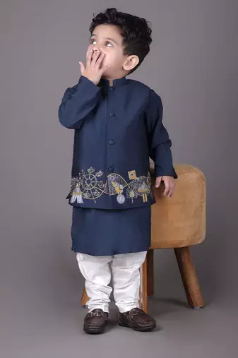 Blue kurta with carnival hand embroidery bandhgala and pajama set