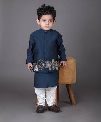 Blue kurta with carnival hand embroidery bandhgala and pajama set 1