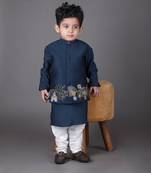 Blue kurta with carnival hand embroidery bandhgala and pajama set