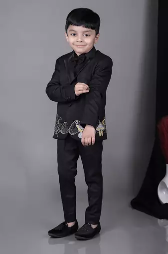 Black tuxedo with carnival hand embroidery shirt pant with bow tie set