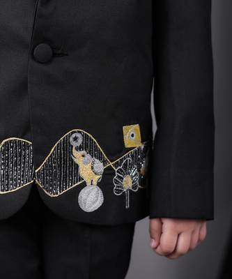 Black tuxedo with carnival hand embroidery shirt pant with bow tie set 4
