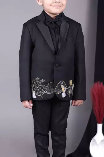 Black tuxedo with carnival hand embroidery shirt pant with bow tie set