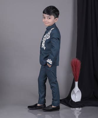 Pine green applique embroidered bandhgala with pant set 2