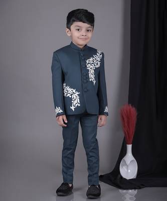 Pine green applique embroidered bandhgala with pant set 1