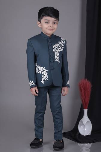 Pine green applique embroidered bandhgala with pant set