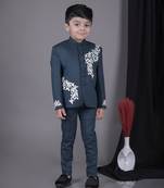 Pine green applique embroidered bandhgala with pant set