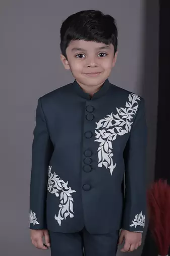 Pine green applique embroidered bandhgala with pant set