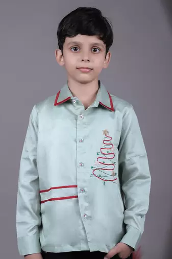 Christmas tree embroidered stylish mint green full shirt