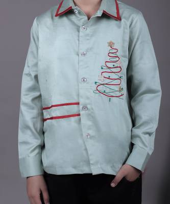 Christmas tree embroidered stylish mint green full shirt 3