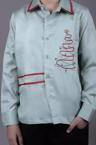 Christmas tree embroidered stylish mint green full shirt
