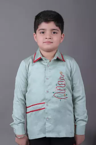 Christmas tree embroidered stylish mint green full shirt