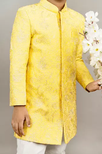 Yellow heavy full embroidered sherwani set