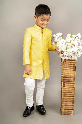 Yellow heavy full embroidered sherwani set