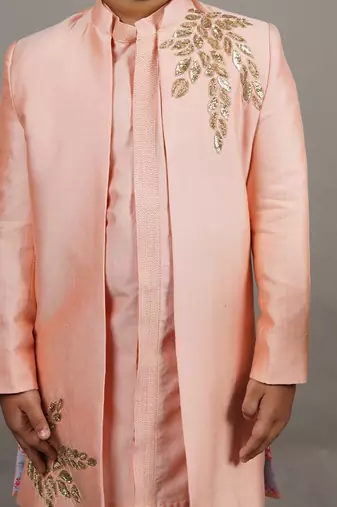 Pink open hand embroidered sherwani with kurta set