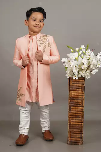 Pink open hand embroidered sherwani with kurta set
