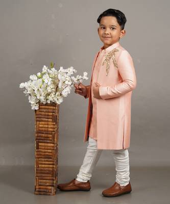 Pink open hand embroidered sherwani with kurta set 1