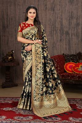 Black zari woven black color banarasi silk blend saree 1