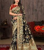 Black zari woven black color banarasi silk blend saree