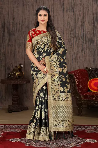 Black zari woven black color banarasi silk blend saree