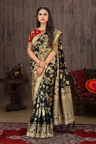 Black zari woven black color banarasi silk blend saree