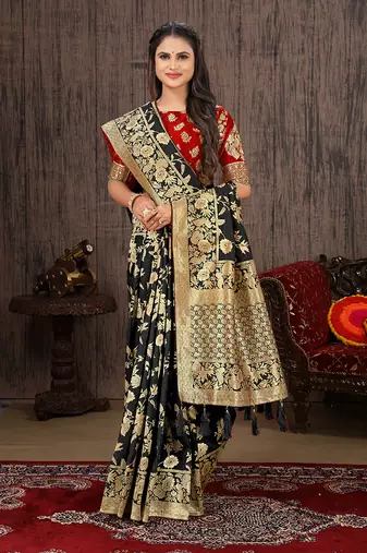 Black zari woven black color banarasi silk blend saree