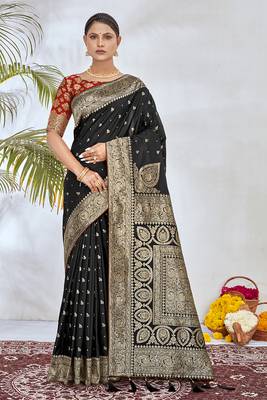Back zari woven silk blend saree with blouse piece 1