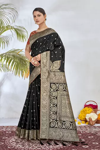Back zari woven silk blend saree with blouse piece