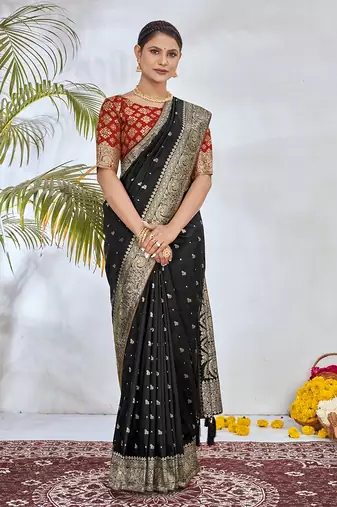 Back zari woven silk blend saree with blouse piece