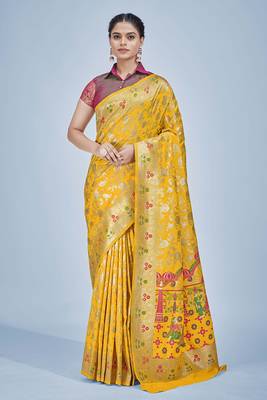 yellow color zari woven banarasi silk blend saree 1