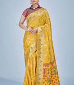 yellow color zari woven banarasi silk blend saree