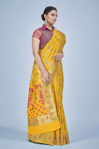 yellow color zari woven banarasi silk blend saree
