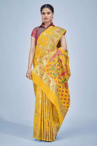 yellow color zari woven banarasi silk blend saree