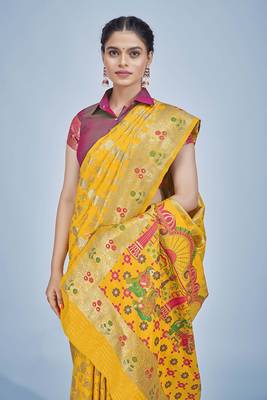 yellow color zari woven banarasi silk blend saree 4