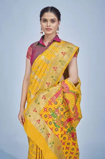 yellow color zari woven banarasi silk blend saree