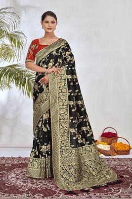 Banarasi silk blend zari woven saree and embroidered work blouse piece 1