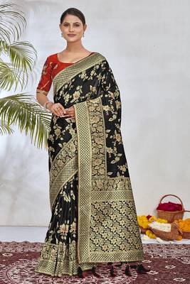 Banarasi silk blend zari woven saree and embroidered work blouse piece 2