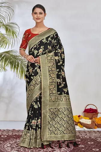 Banarasi silk blend zari woven saree and embroidered work blouse piece